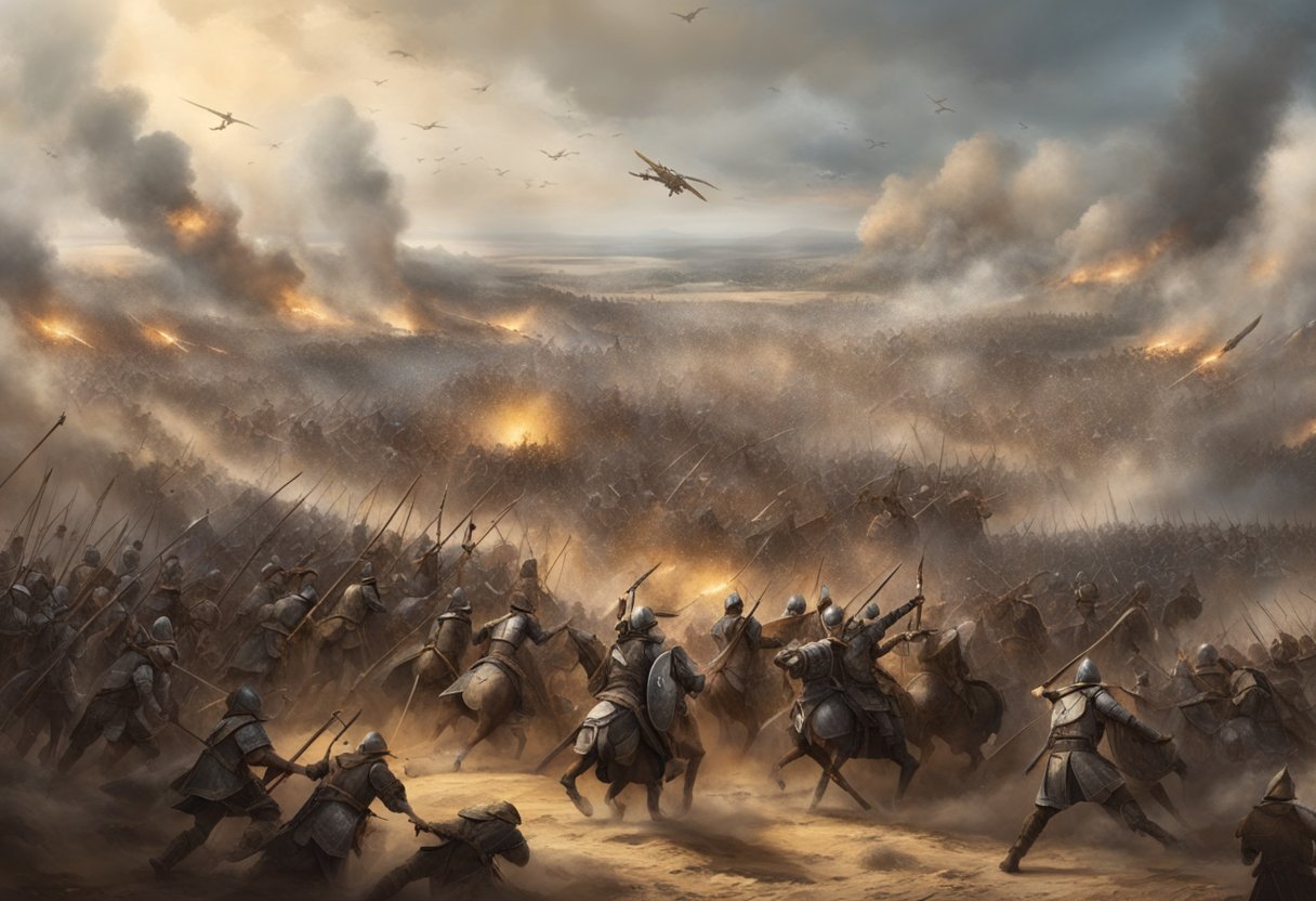 A chaotic battlefield with 100 warriors clashing in a fierce, epic struggle. The ground is littered with weapons and armor, and the sky is filled with dust and smoke