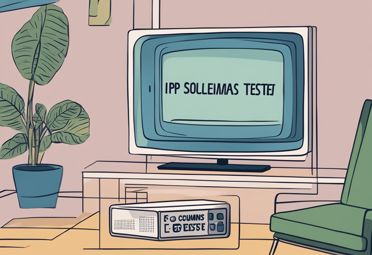 A television screen displaying an error message with the words "Problemas Comuns e Soluções teste iptv" written in bold letters. A remote control is placed next to the TV