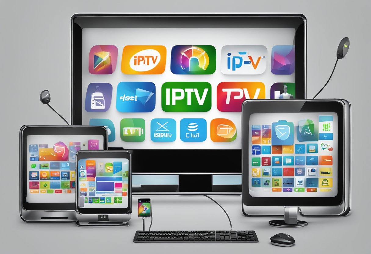 A TV screen displaying the "Provedores de IPTV teste iptv" logo, surrounded by various electronic devices and cables