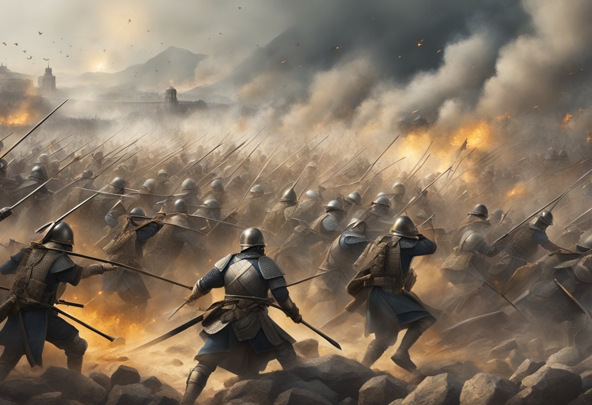 A chaotic battlefield with 100 soldiers fighting fiercely, surrounded by smoke and dust, with swords clashing and arrows flying through the air