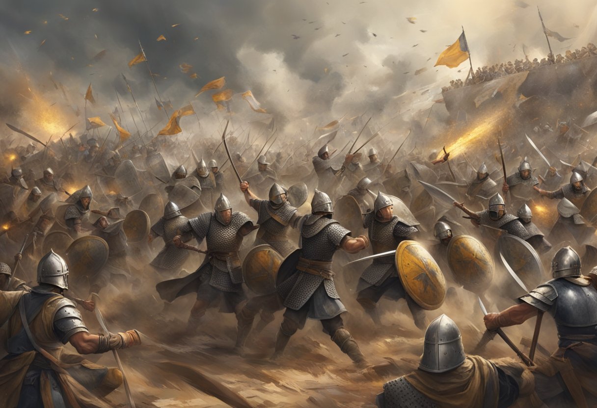 The battle rages on, with 100 warriors clashing in a chaotic frenzy, swords and shields raised, dust and debris filling the air