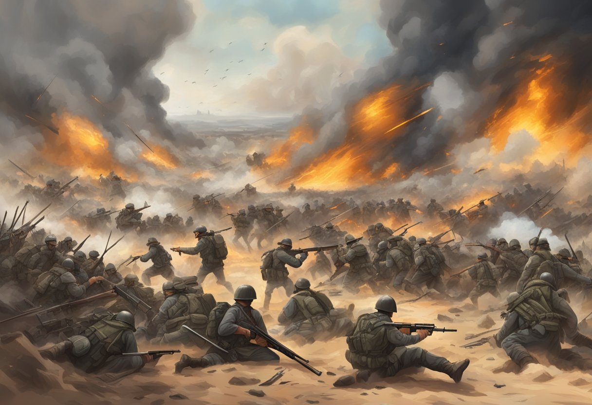 A chaotic battlefield with scattered weapons and fallen soldiers, surrounded by billowing smoke and fire