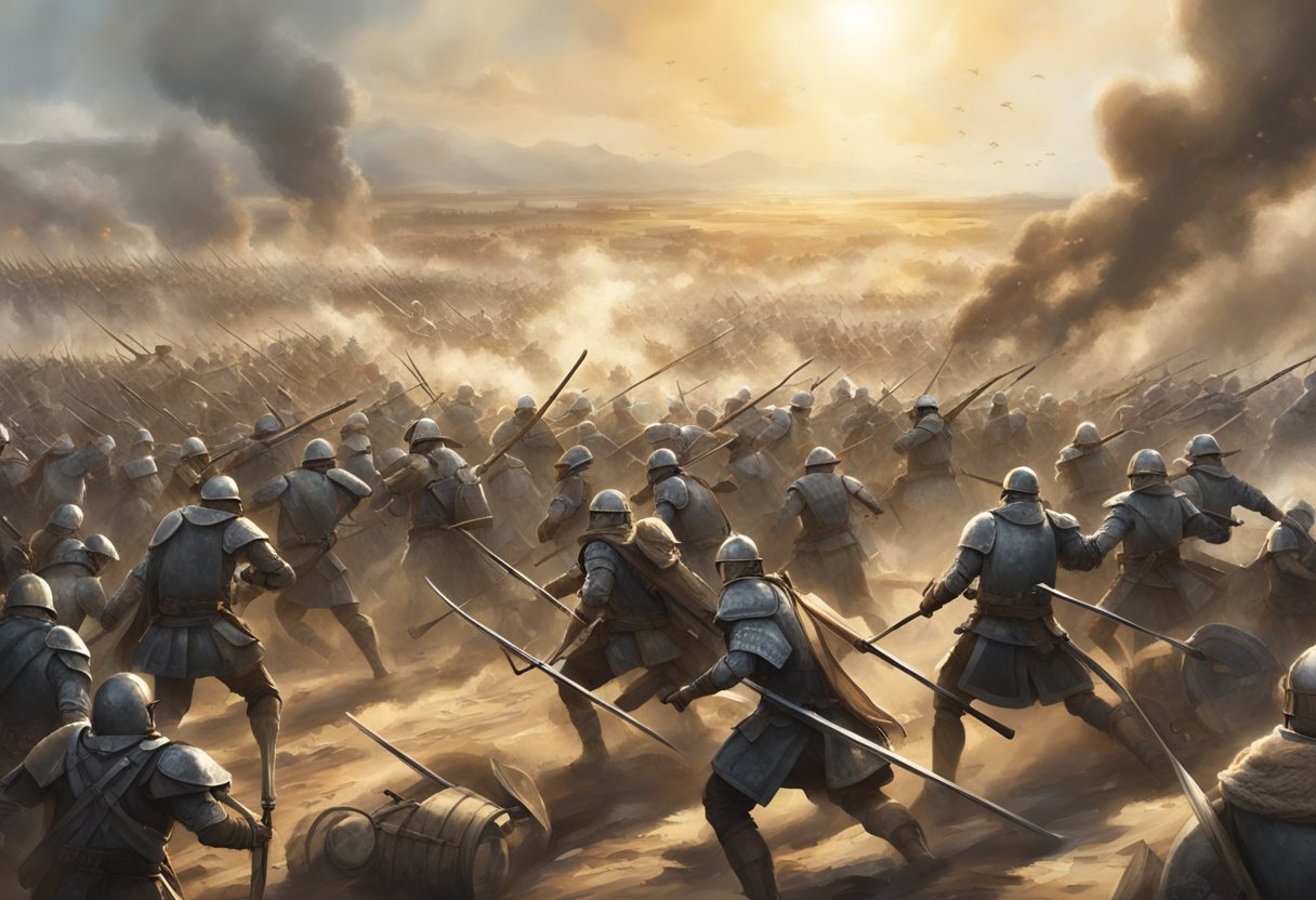 A chaotic battlefield with 100 soldiers clashing, weapons raised and armor gleaming under the sun. Smoke and dust fill the air as the fierce battle rages on