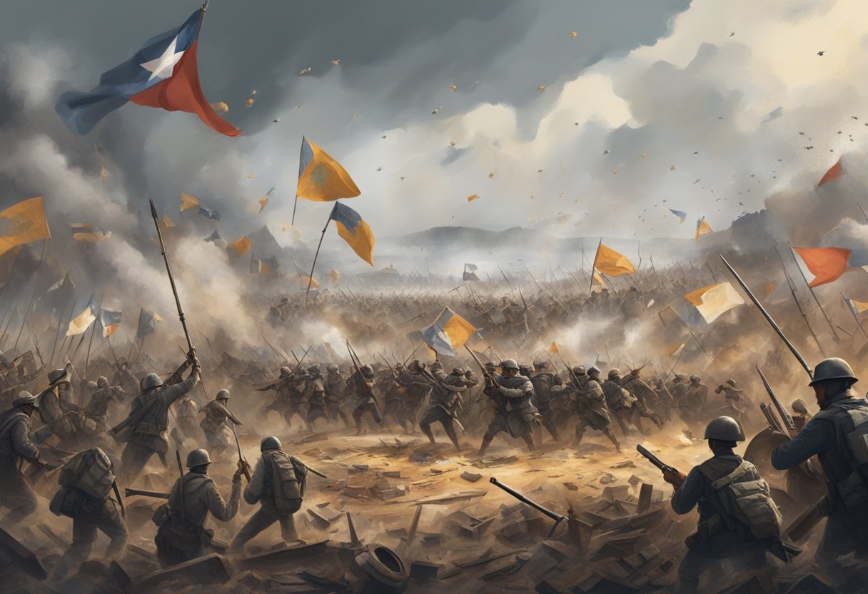 A chaotic battlefield with 100 soldiers clashing, flags waving, and weapons raised high. The ground is littered with debris and the sky is filled with smoke and dust