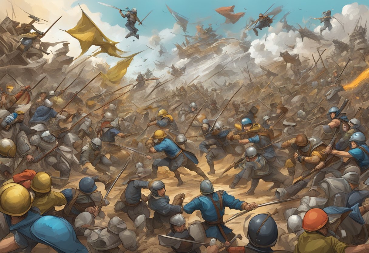 A chaotic battle scene with 100 objects in motion. Dynamic energy and conflict evident