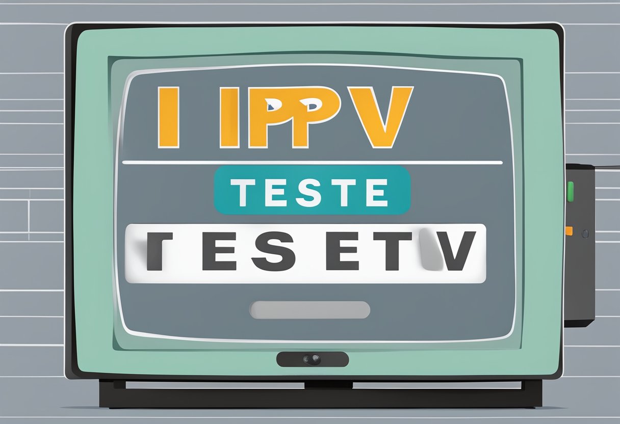 A television screen displaying the words "IPTV teste iptv" with a remote control nearby