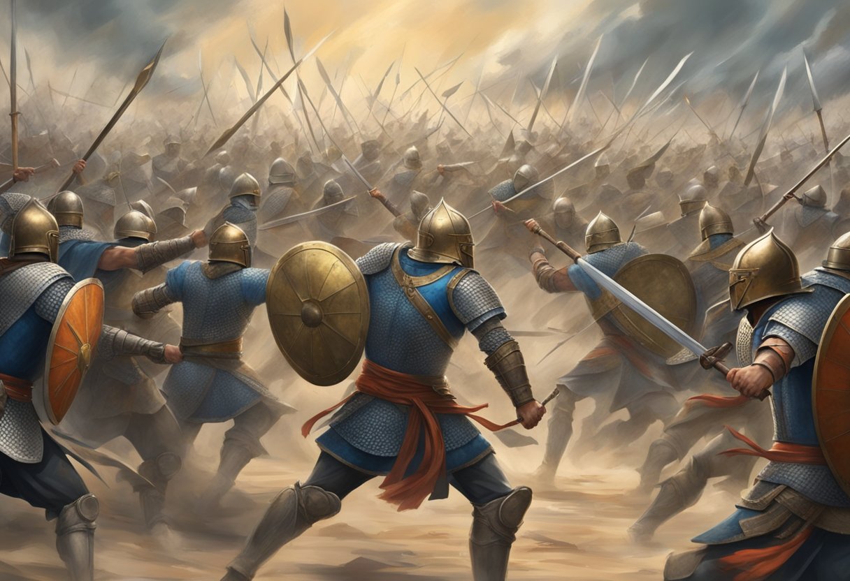 A fierce battle between 100 warriors, swords clashing, shields raised, and dust swirling in the air