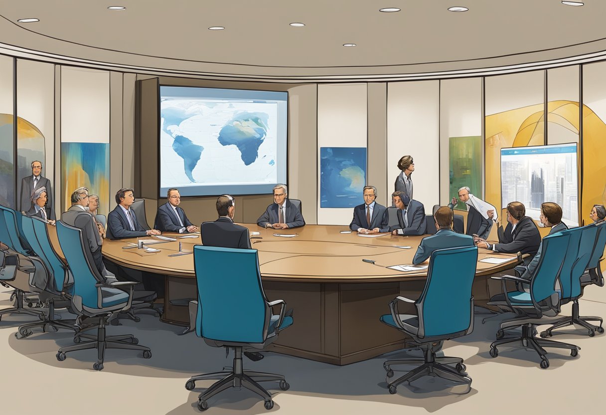 A meeting room with logos of Warner Bros., Discovery, Max, and Paramount displayed on a large screen. Executives stand around a conference table, engaged in intense discussions