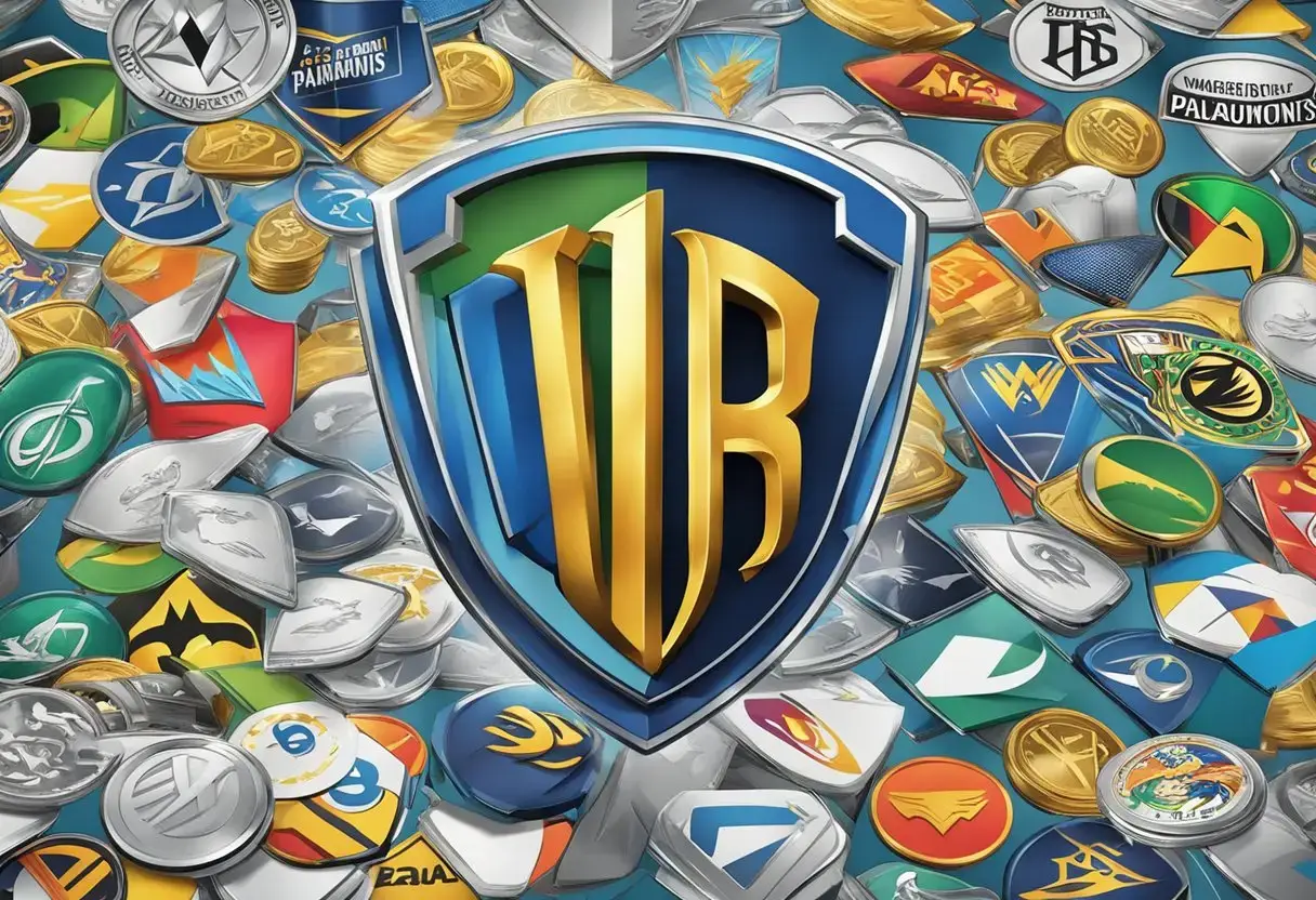 The economic impact of the Warner Bros. Discovery Max and Paramount merger is depicted through a dynamic clash of company logos, symbolizing the potential repercussions