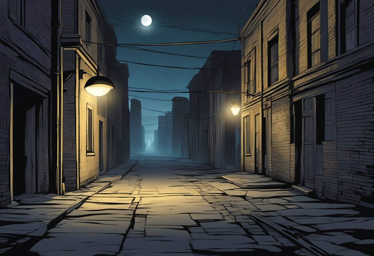 A dark alley at night, with a lone streetlight casting eerie shadows. Empty, abandoned buildings loom in the background, creating a sense of mystery and unease