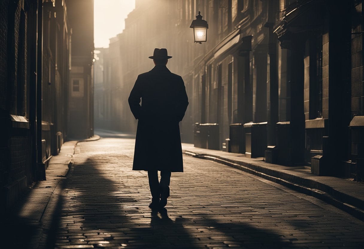 A dark, shadowy alleyway with a single streetlight illuminating a figure in a trench coat, holding a mysterious package. The atmosphere is tense and foreboding, setting the stage for intrigue and suspense