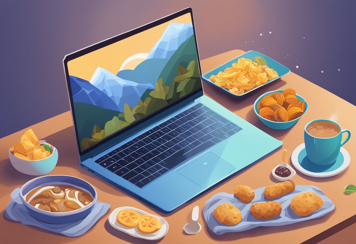 A laptop with a streaming service on the screen, surrounded by snacks and a cozy blanket