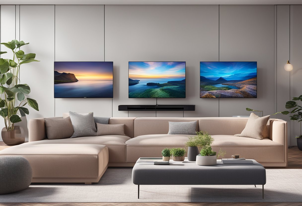 A living room with 5 TCL TVs arranged in a row, each displaying vibrant images