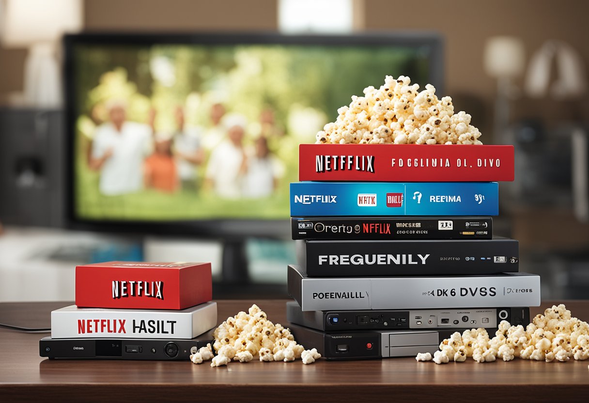 A stack of 6 DVDs labeled "Frequently Asked Questions" with a Netflix logo, surrounded by streaming devices and popcorn