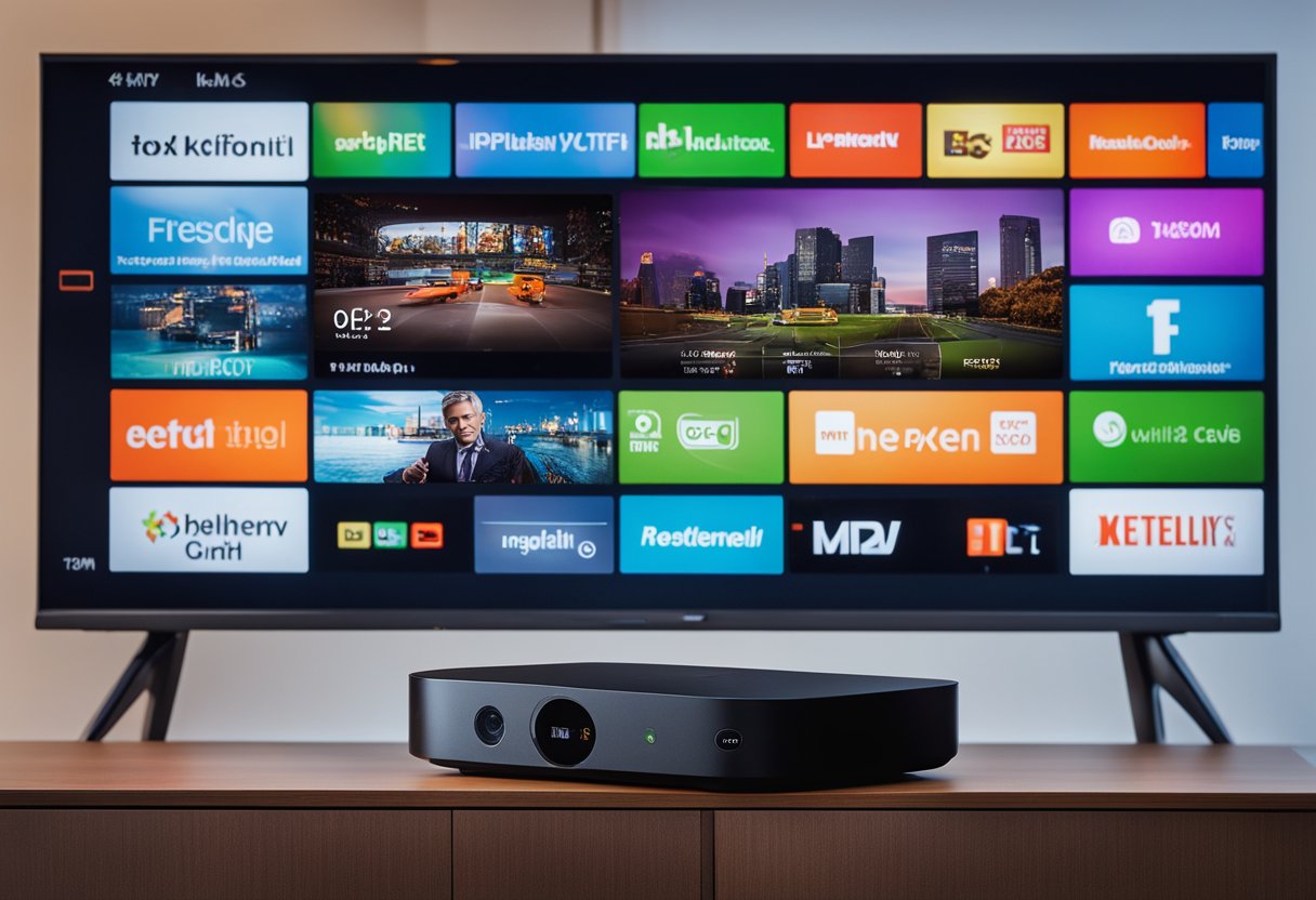 Uma Xiaomi Mi Box S conectada a uma TV, exibindo um teste de IPTV