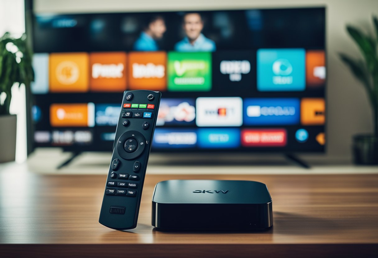 Uma caixa de Android TV conectada a uma televisão, exibindo um serviço de IPTV sendo testado