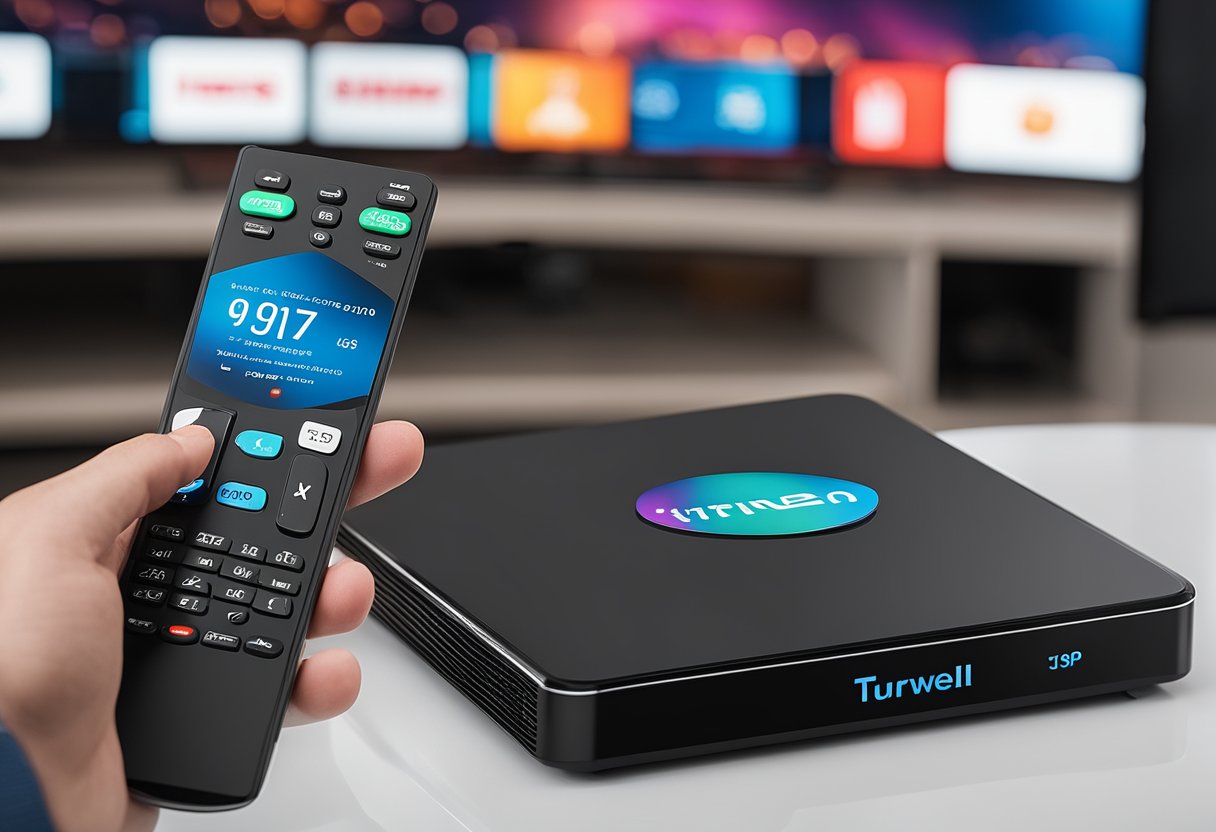 Uma caixa de TV Turewell T9 Android 9.0 conectada a uma televisão, exibindo uma interface de IPTV com vários canais e opções de conteúdo.